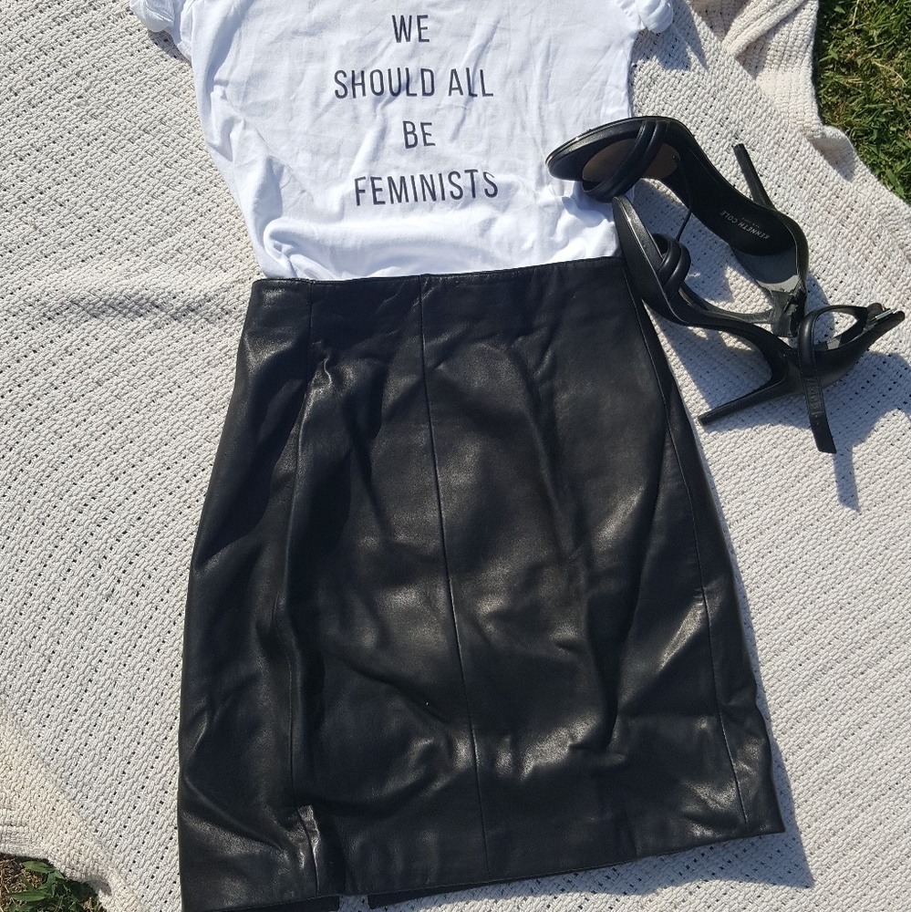 Vintage Black Leather Midi Skirt - Size 10
